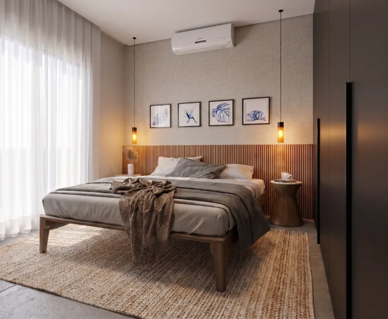 Dormitório do apartamento tipo com painel ripado de madeira e cortina de linho