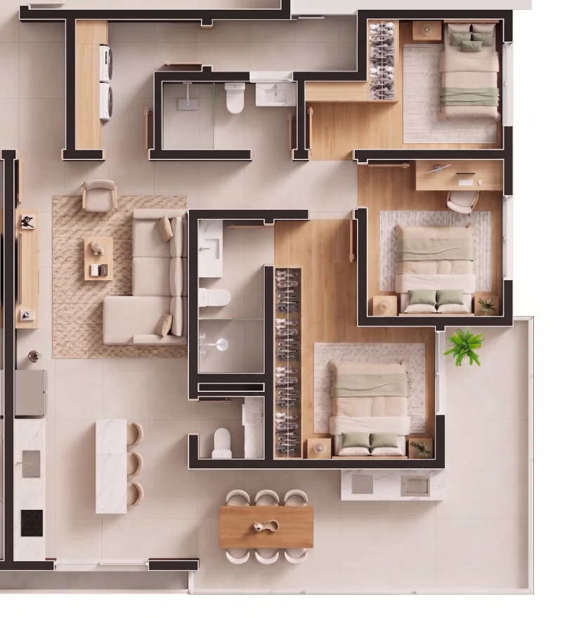 Planta baixa humanizada do apartamento tipo de 103,38 m², com três dormitórios, living integrado e varanda gourmet