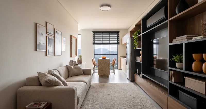 Sala de TV com painel de madeira, sofá modular e iluminação indireta